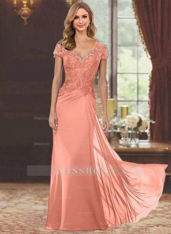 Sweetheart Short-Sleeve Floor-Length Sheath Mother of the Bride Dress with Lace Appliques & Sequins