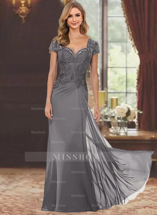Sweetheart Short-Sleeve Floor-Length Sheath Mother of the Bride Dress with Lace Appliques & Sequins