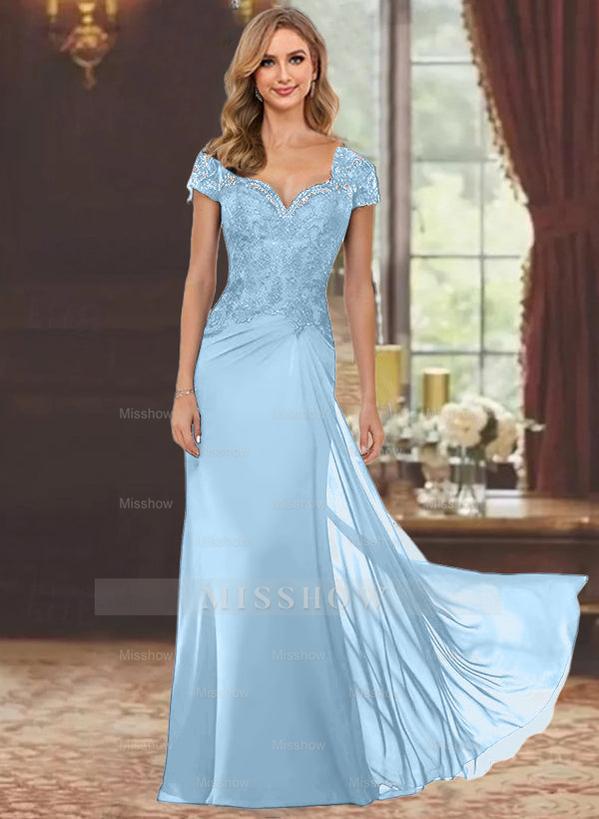 Sweetheart Short-Sleeve Floor-Length Sheath Mother of the Bride Dress with Lace Appliques & Sequins