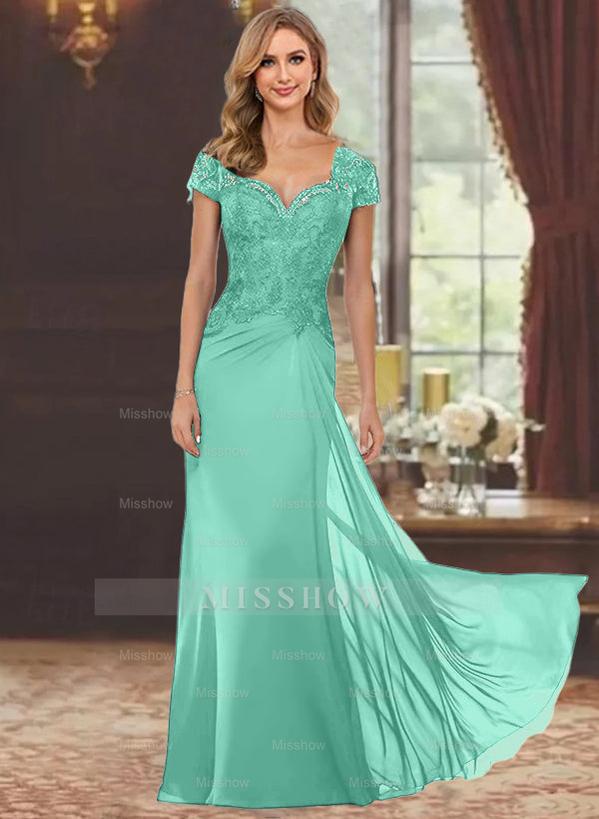 Sweetheart Short-Sleeve Floor-Length Sheath Mother of the Bride Dress with Lace Appliques & Sequins