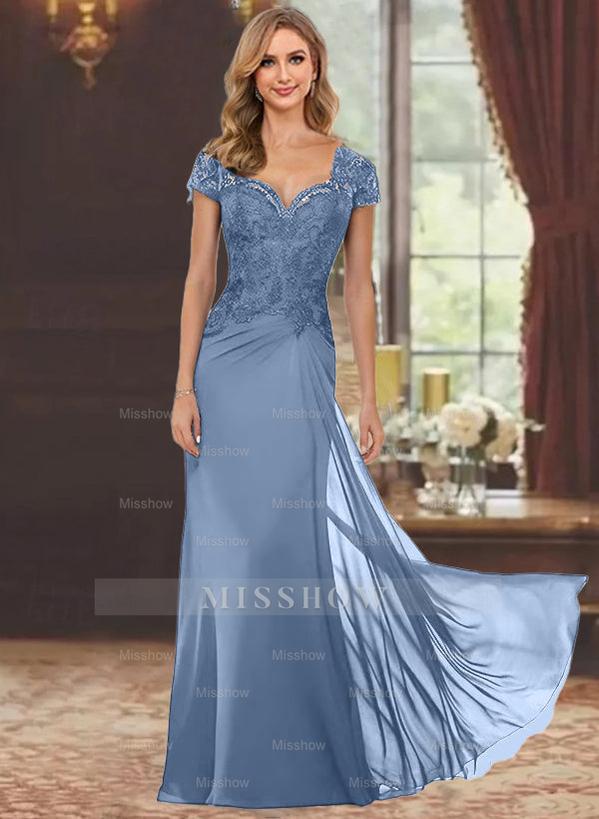 Sweetheart Short-Sleeve Floor-Length Sheath Mother of the Bride Dress with Lace Appliques & Sequins