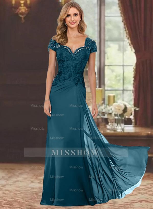 Sweetheart Short-Sleeve Floor-Length Sheath Mother of the Bride Dress with Lace Appliques & Sequins