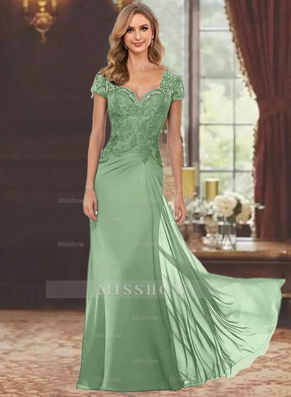 Sweetheart Short-Sleeve Floor-Length Sheath Mother of the Bride Dress with Lace Appliques & Sequins