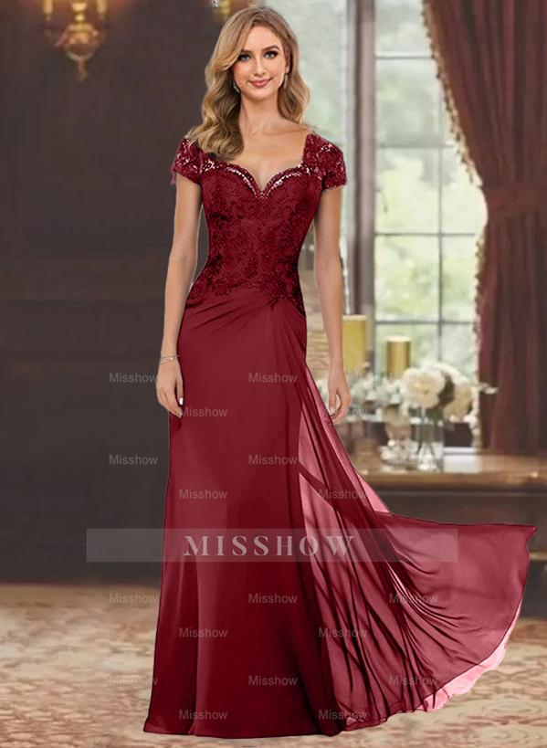 Sweetheart Short-Sleeve Floor-Length Sheath Mother of the Bride Dress with Lace Appliques & Sequins
