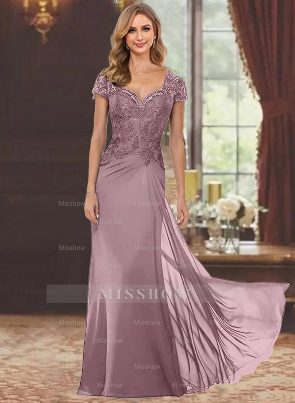Sweetheart Short-Sleeve Floor-Length Sheath Mother of the Bride Dress with Lace Appliques & Sequins