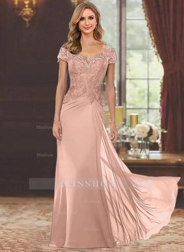 Sweetheart Short-Sleeve Floor-Length Sheath Mother of the Bride Dress with Lace Appliques & Sequins