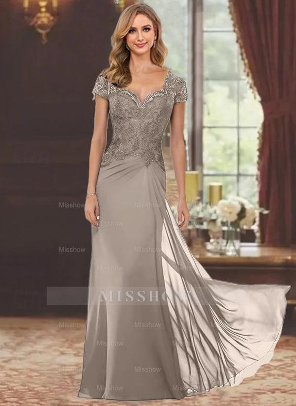 Sweetheart Short-Sleeve Floor-Length Sheath Mother of the Bride Dress with Lace Appliques & Sequins