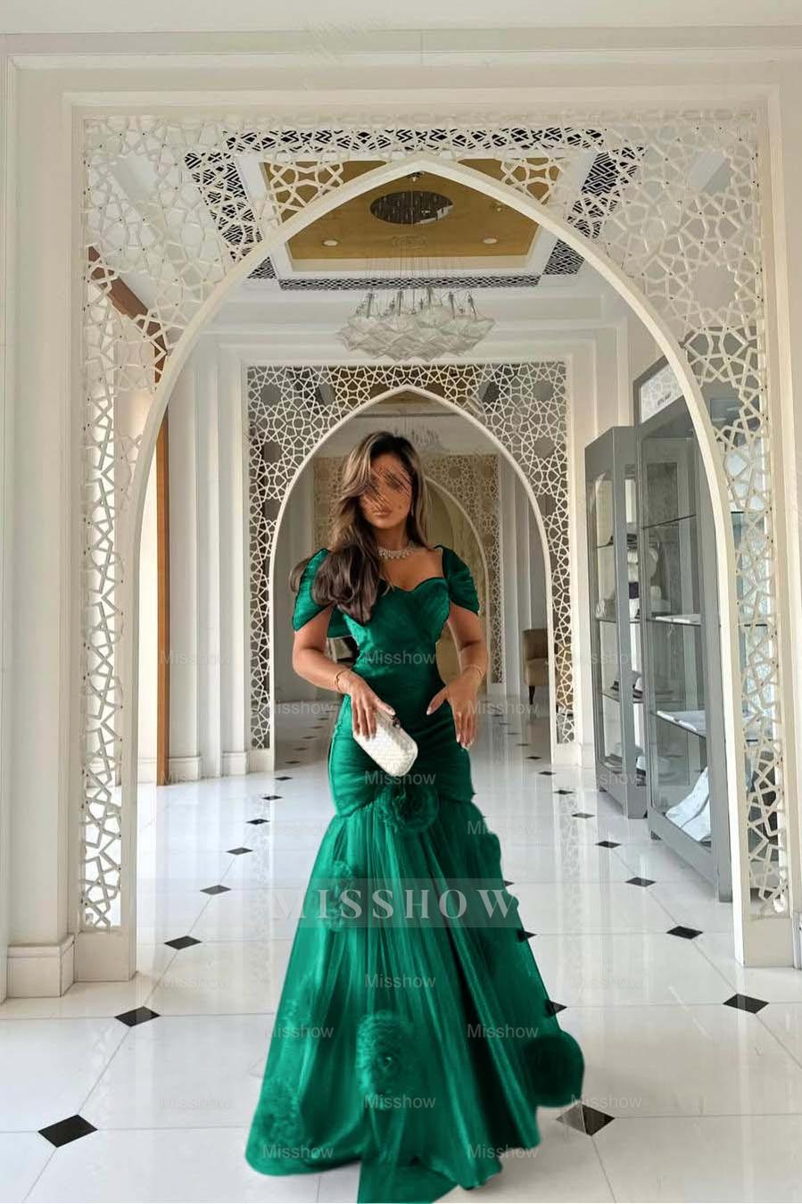 Sweetheart Short Sleeves Long Mermaid Formal Dress With Pleated