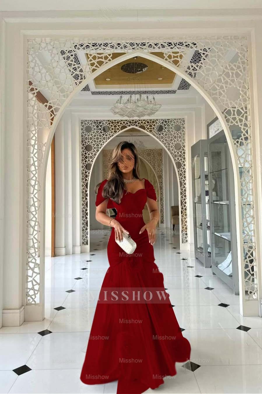 Sweetheart Short Sleeves Long Mermaid Formal Dress With Pleated