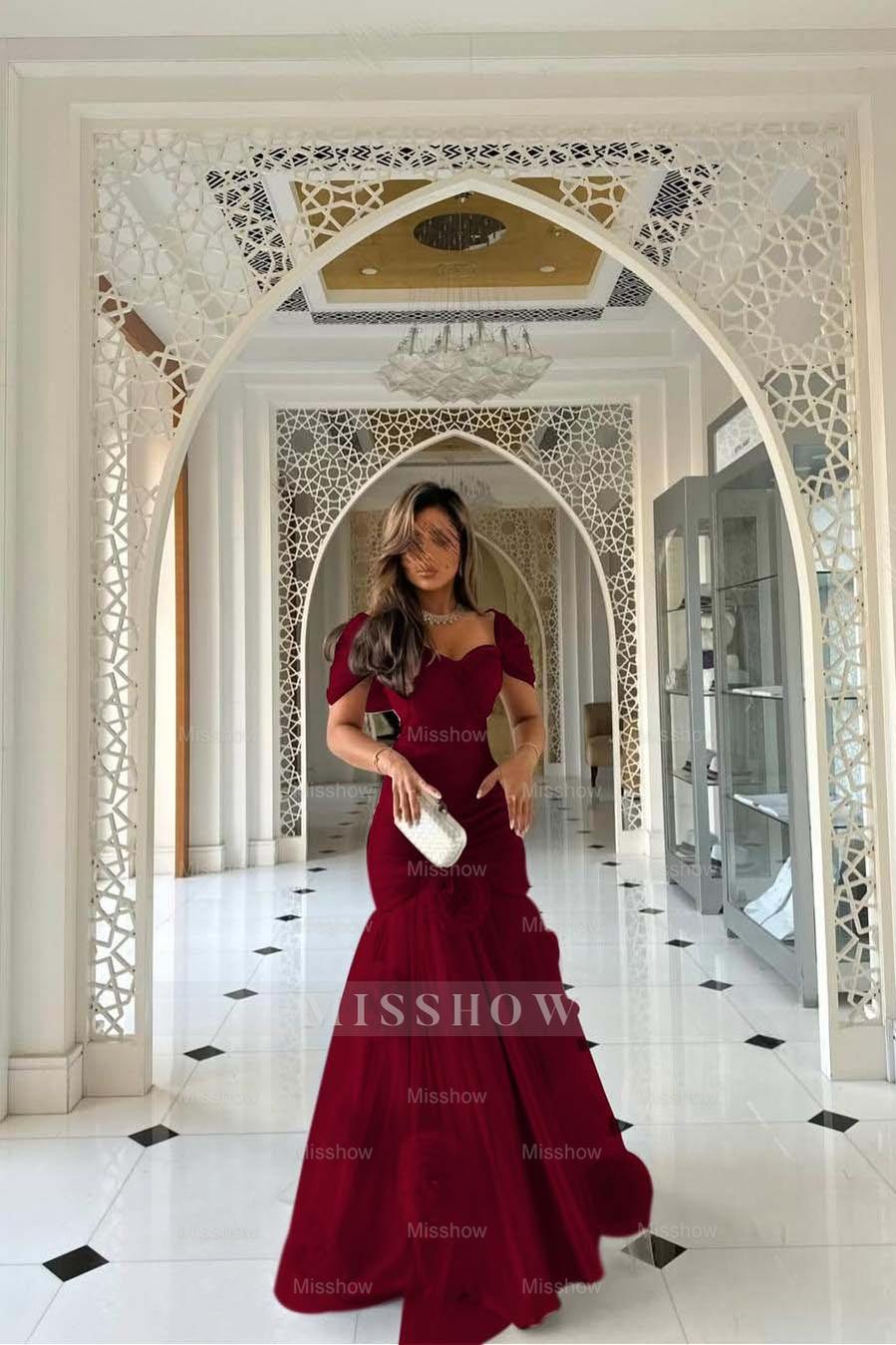 Sweetheart Short Sleeves Long Mermaid Formal Dress With Pleated