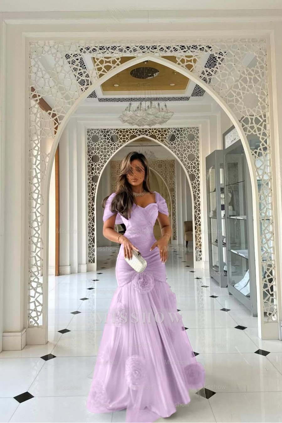 Sweetheart Short Sleeves Long Mermaid Formal Dress With Pleated