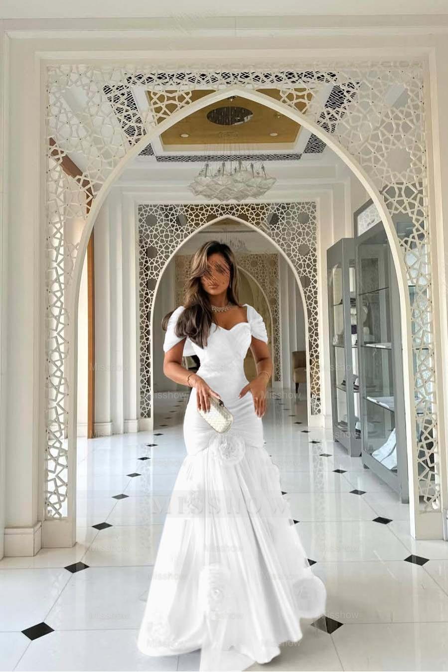 Sweetheart Short Sleeves Long Mermaid Formal Dress With Pleated