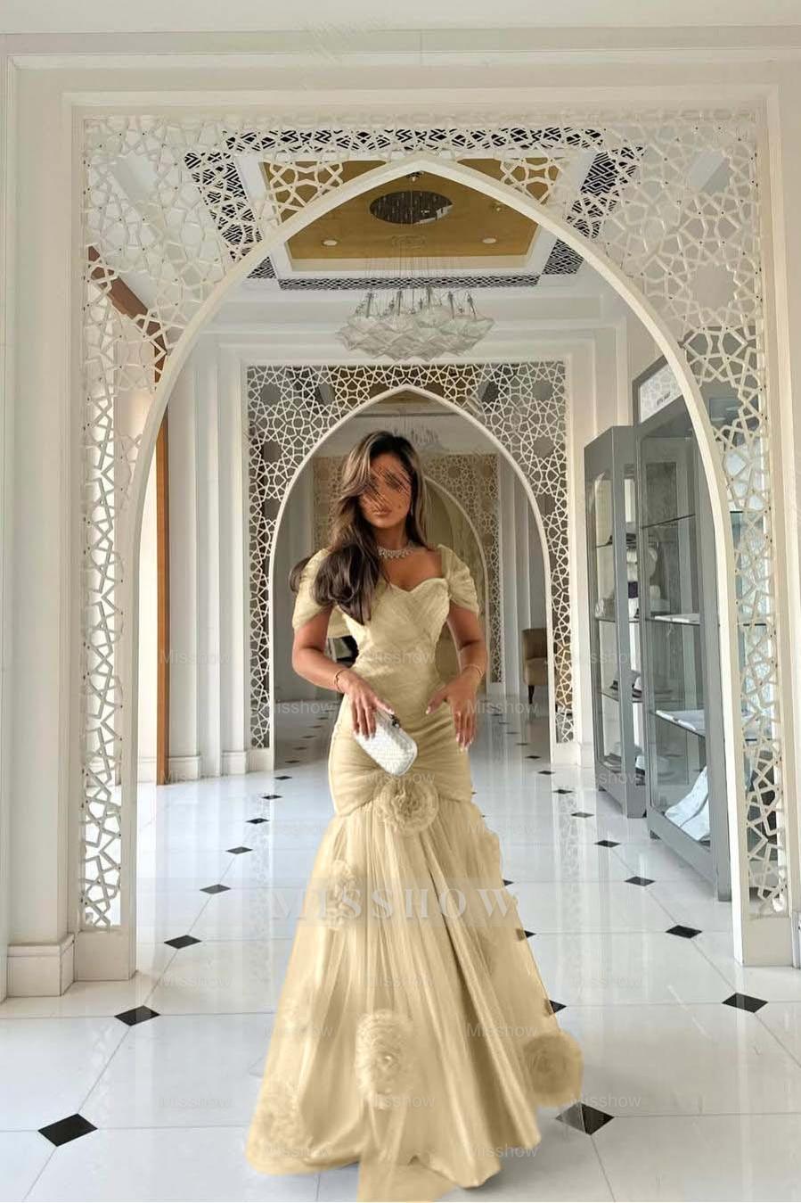 Sweetheart Short Sleeves Long Mermaid Formal Dress With Pleated