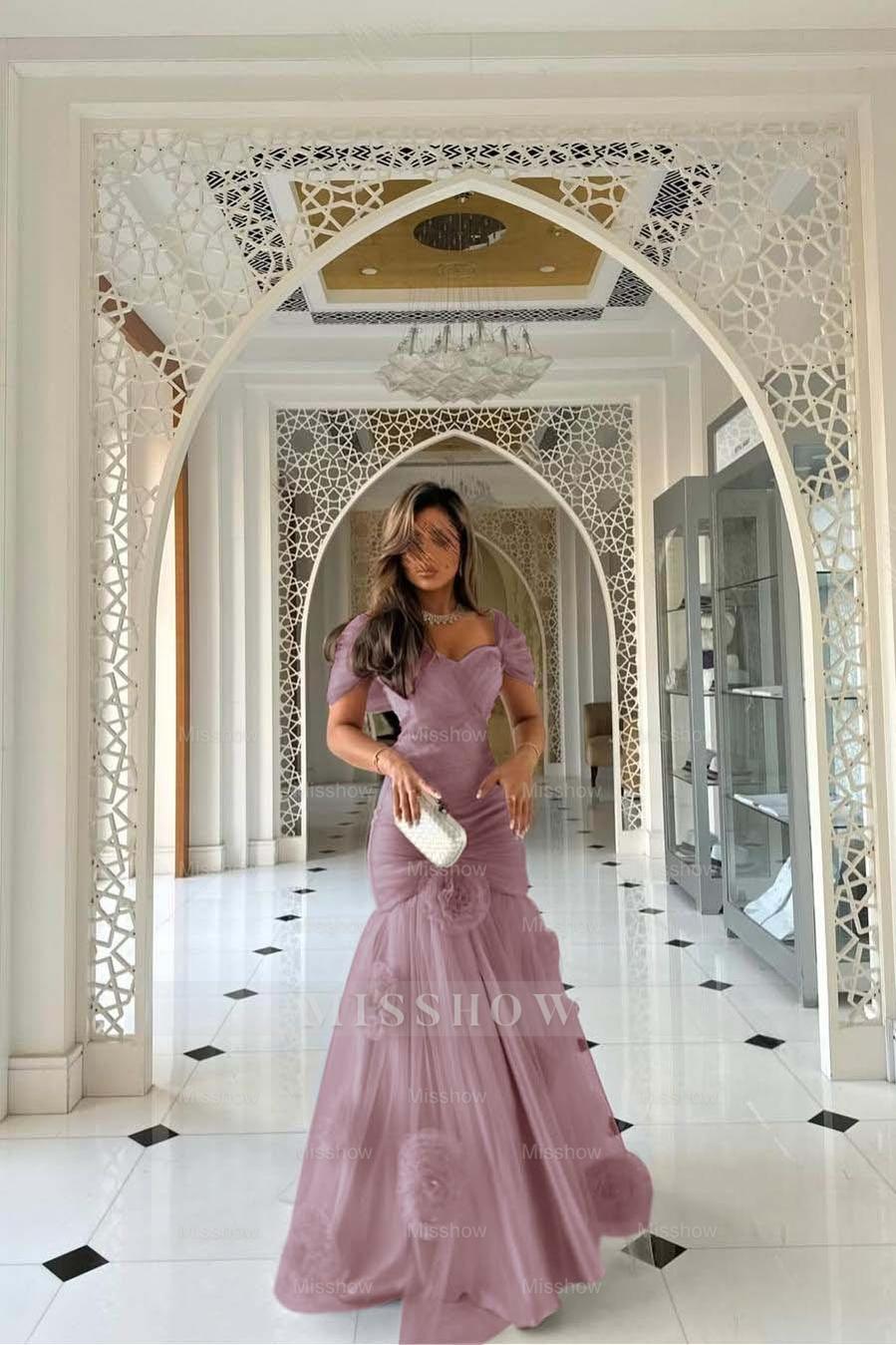 Sweetheart Short Sleeves Long Mermaid Formal Dress With Pleated