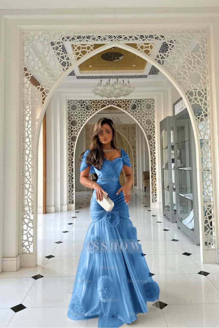 Sweetheart Short Sleeves Long Mermaid Formal Dress With Pleated