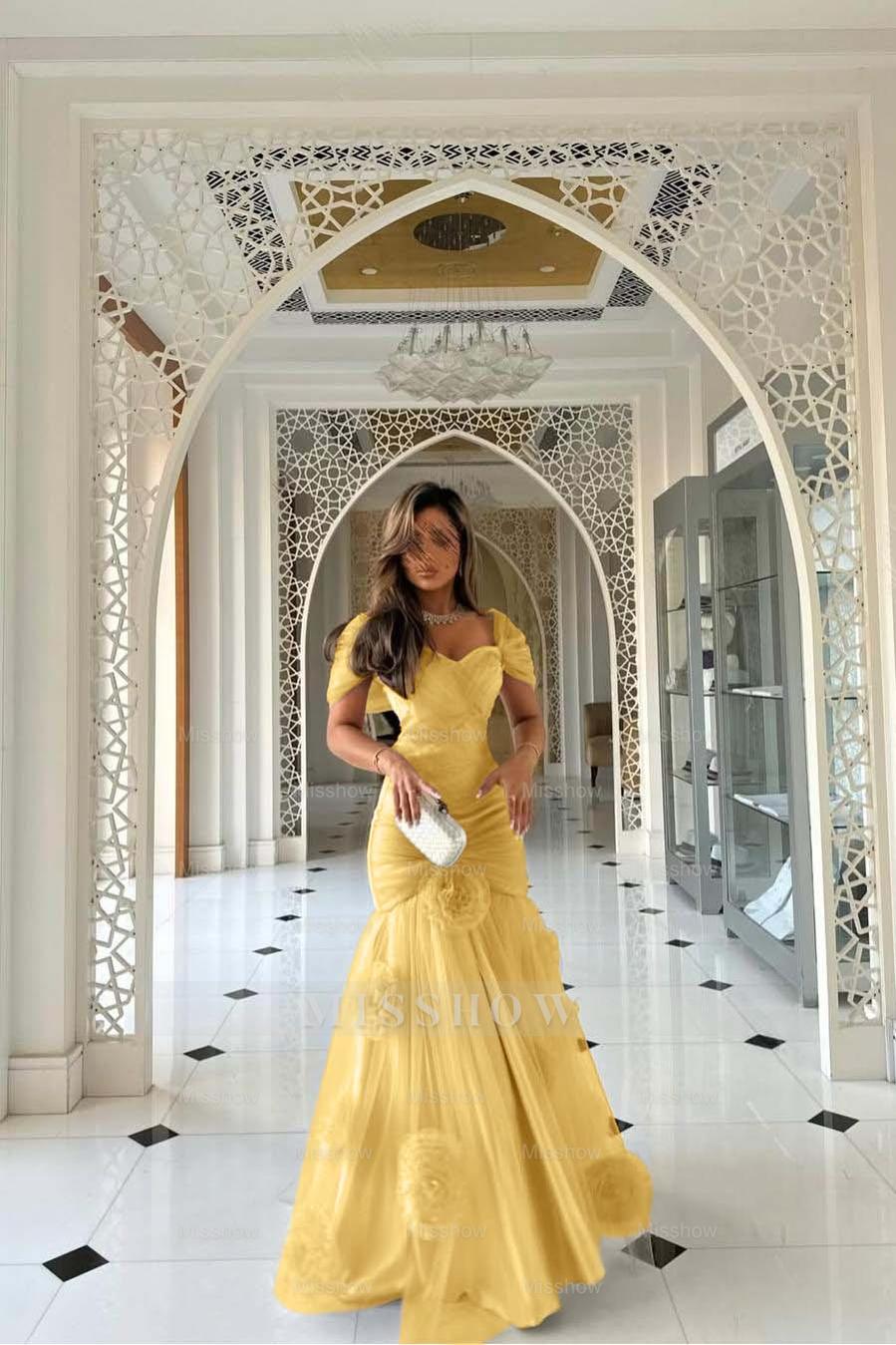 Sweetheart Short Sleeves Long Mermaid Formal Dress With Pleated