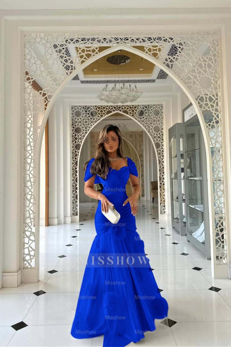 Sweetheart Short Sleeves Long Mermaid Formal Dress With Pleated