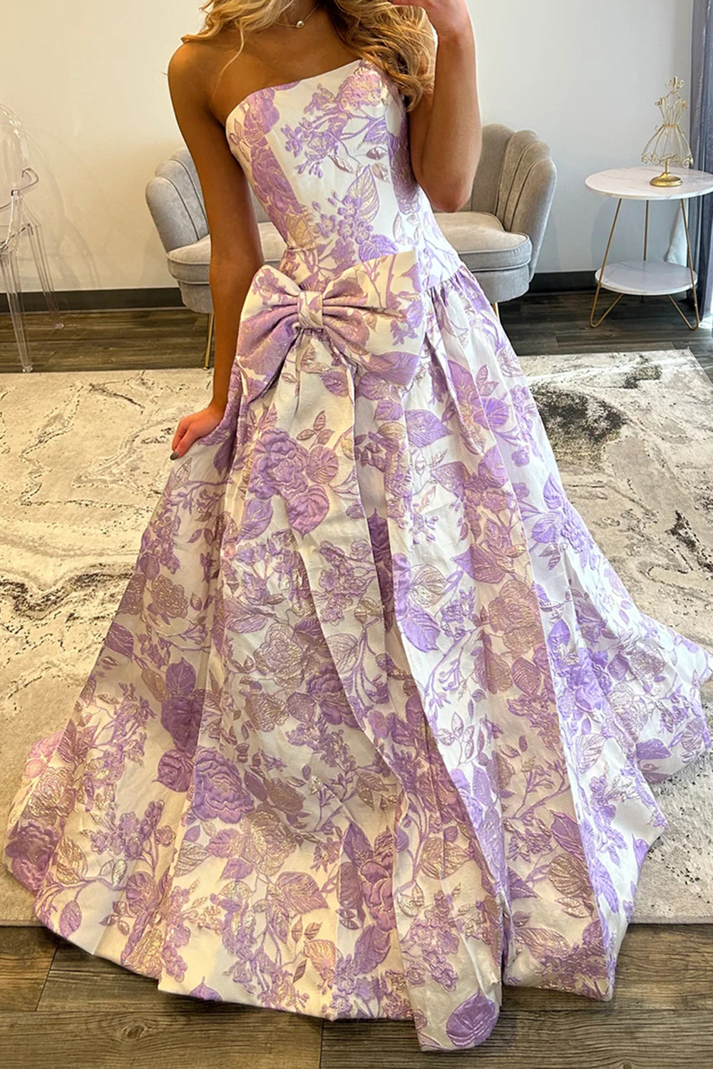 Sweetheart Sleeveless 3D Floral Bow Satin A-Line Prom Dress Floor Length