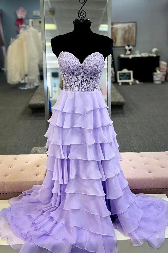 Sweetheart Sleeveless Applique Tiered Ruffle Chiffon A-Line Prom Dress Side Slit Lace-Up Back Floor Length