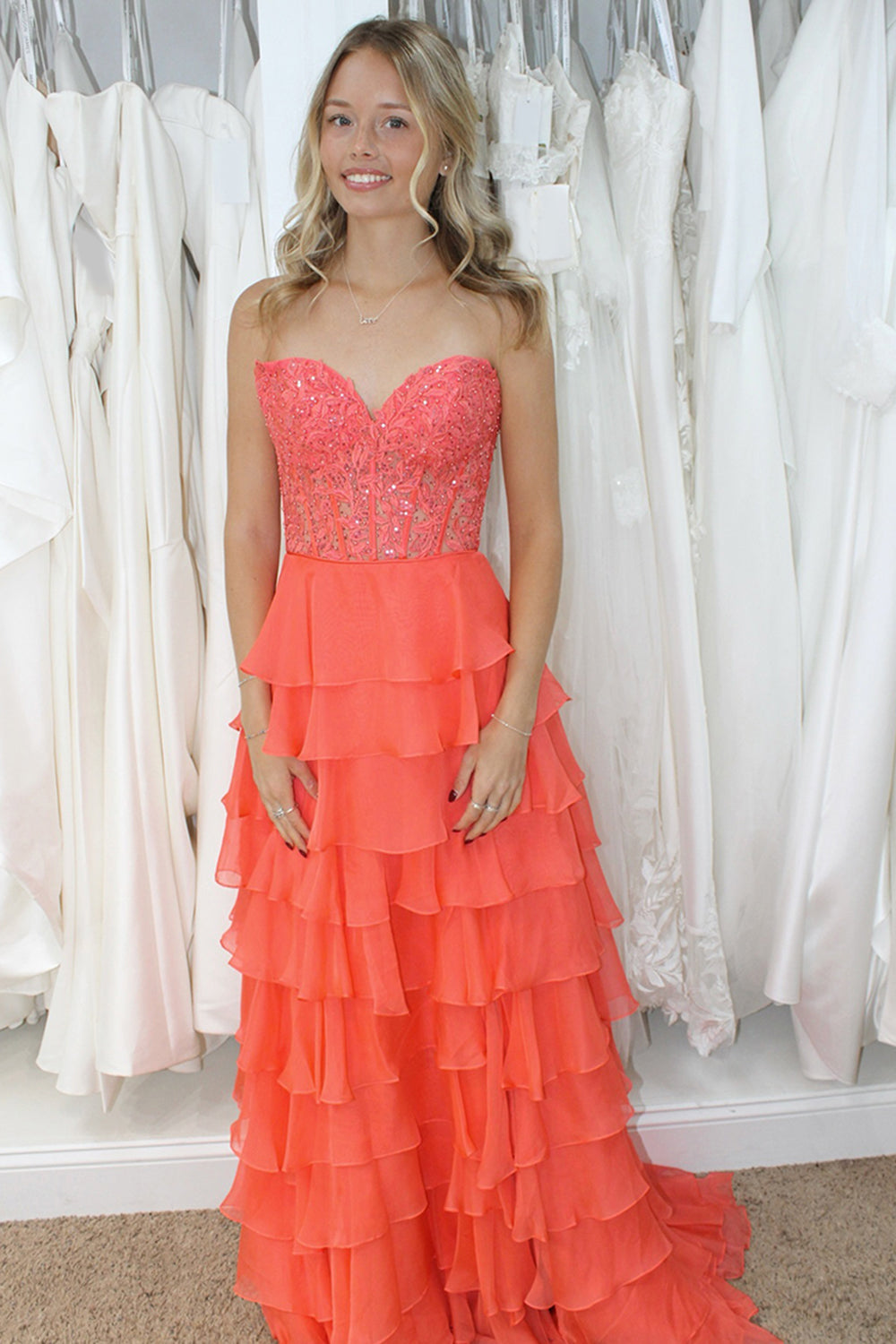 Sweetheart Sleeveless Applique Tiered Ruffle Chiffon A-Line Prom Dress Side Slit Lace-Up Back Floor Length