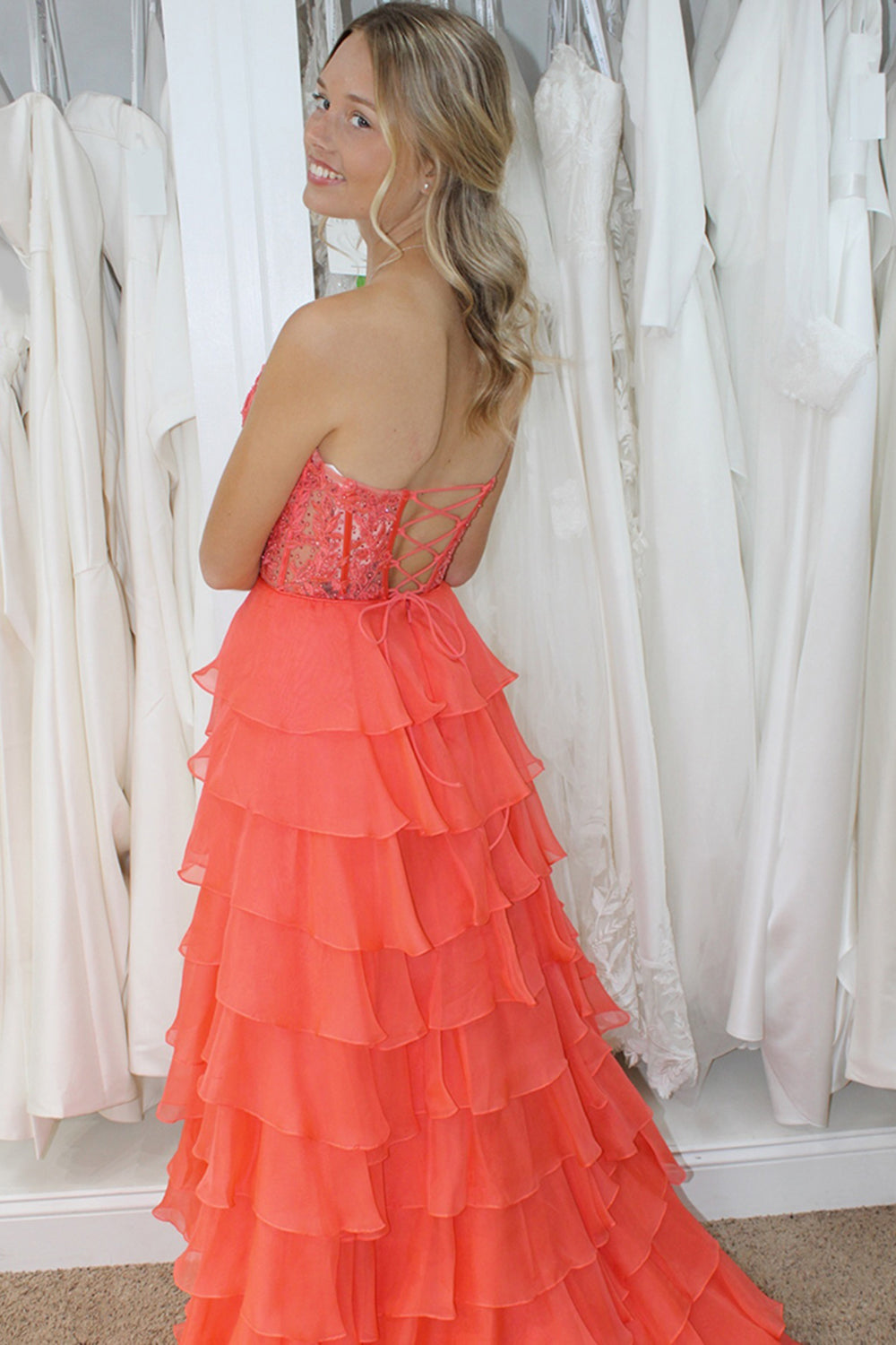 Sweetheart Sleeveless Applique Tiered Ruffle Chiffon A-Line Prom Dress Side Slit Lace-Up Back Floor Length
