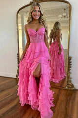 Sweetheart Sleeveless Applique Tiered Ruffle Chiffon A-Line Prom Dress Side Slit Lace-Up Back Floor Length