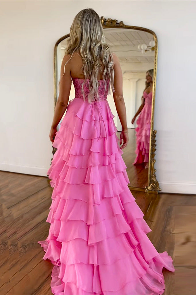 Sweetheart Sleeveless Applique Tiered Ruffle Chiffon A-Line Prom Dress Side Slit Lace-Up Back Floor Length