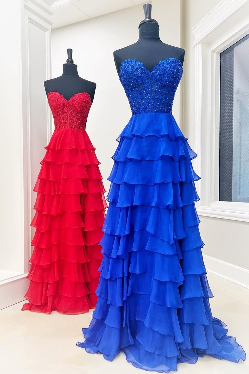 Sweetheart Sleeveless Applique Tiered Ruffle Chiffon A-Line Prom Dress Side Slit Lace-Up Back Floor Length