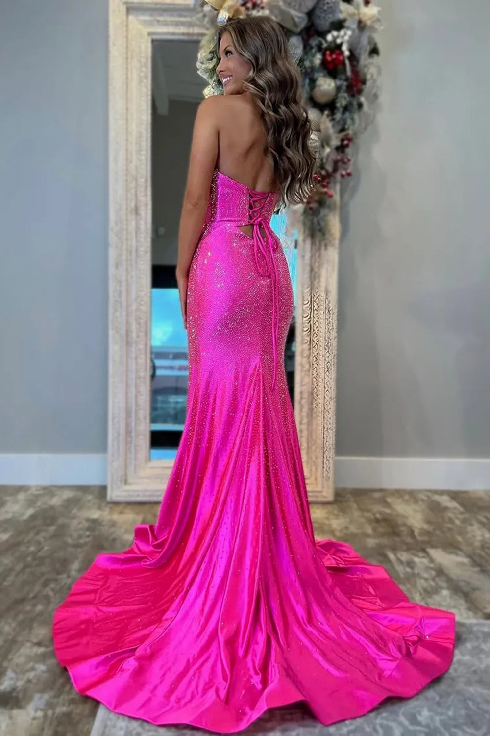 Sweetheart Sleeveless Beading Cut-Out Mermaid Prom Dress High Slit Lace-Up Back Floor Length