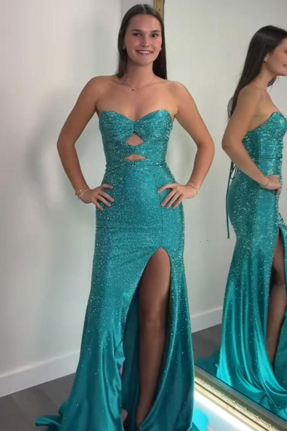 Sweetheart Sleeveless Beading Cut-Out Mermaid Prom Dress High Slit Lace-Up Back Floor Length