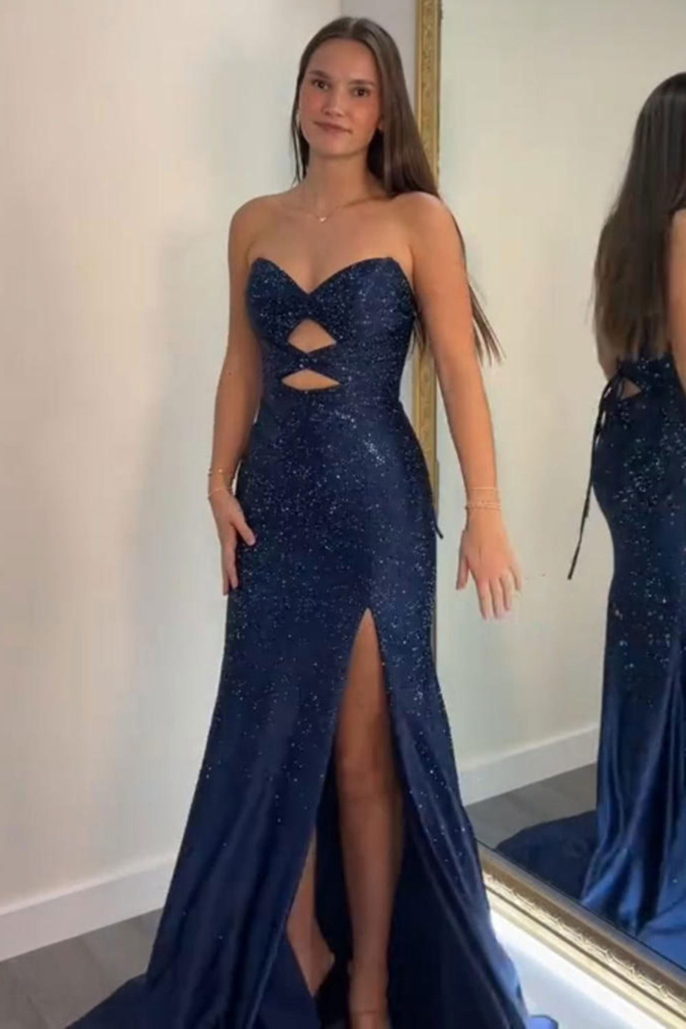 Sweetheart Sleeveless Beading Cut-Out Mermaid Prom Dress High Slit Lace-Up Back Floor Length