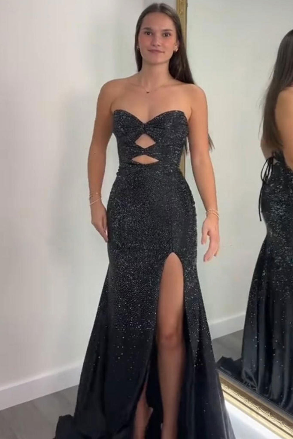 Sweetheart Sleeveless Beading Cut-Out Mermaid Prom Dress High Slit Lace-Up Back Floor Length