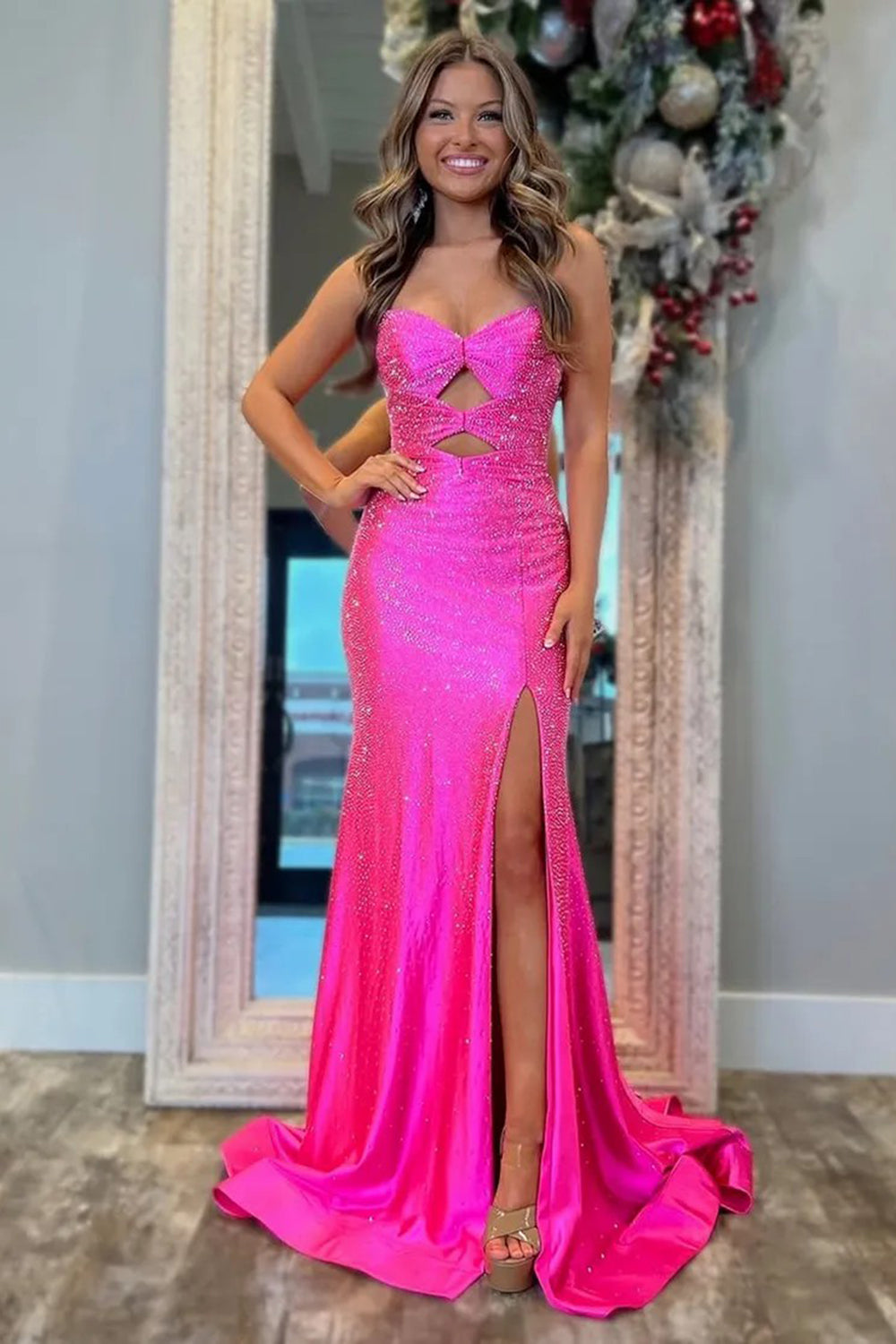 Sweetheart Sleeveless Beading Cut-Out Mermaid Prom Dress High Slit Lace-Up Back Floor Length