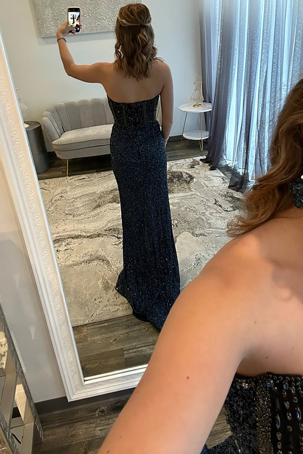 Sweetheart Sleeveless Beading Sequin Bodycon Mermaid Prom Dress Side Slit Sweep Train Floor Length