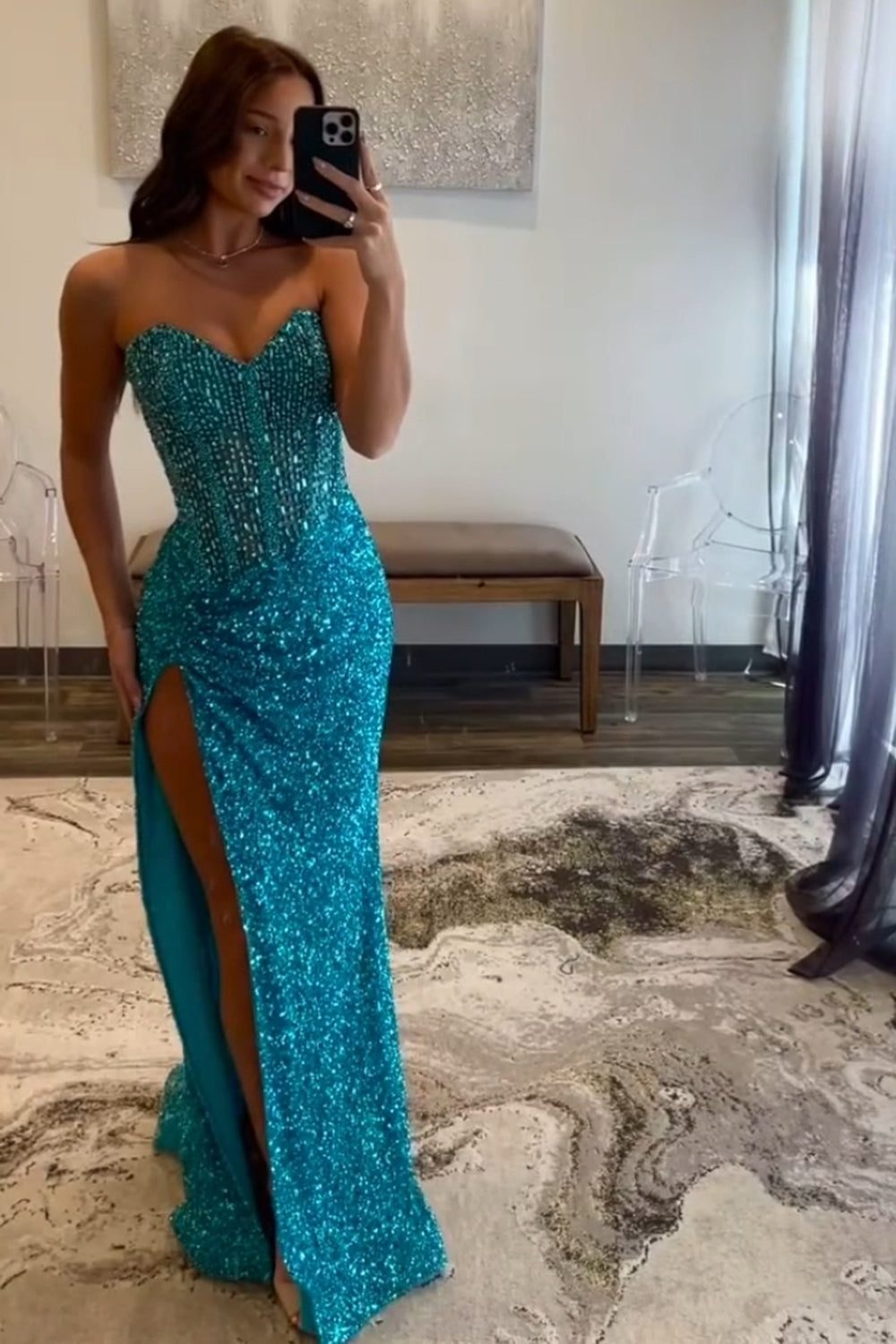 Sweetheart Sleeveless Beading Sequin Bodycon Mermaid Prom Dress Side Slit Sweep Train Floor Length