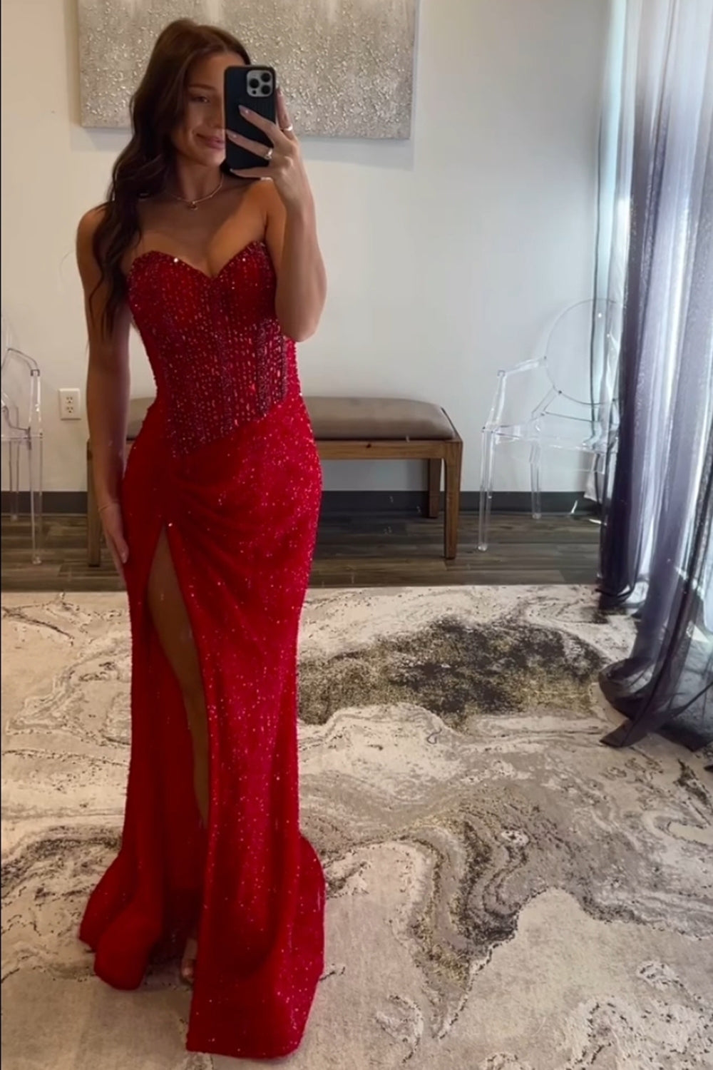 Sweetheart Sleeveless Beading Sequin Bodycon Mermaid Prom Dress Side Slit Sweep Train Floor Length