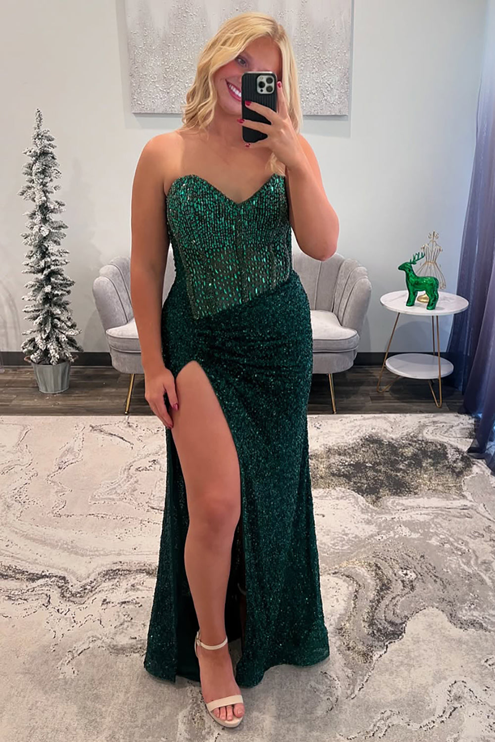 Sweetheart Sleeveless Beading Sequin Bodycon Mermaid Prom Dress Side Slit Sweep Train Floor Length