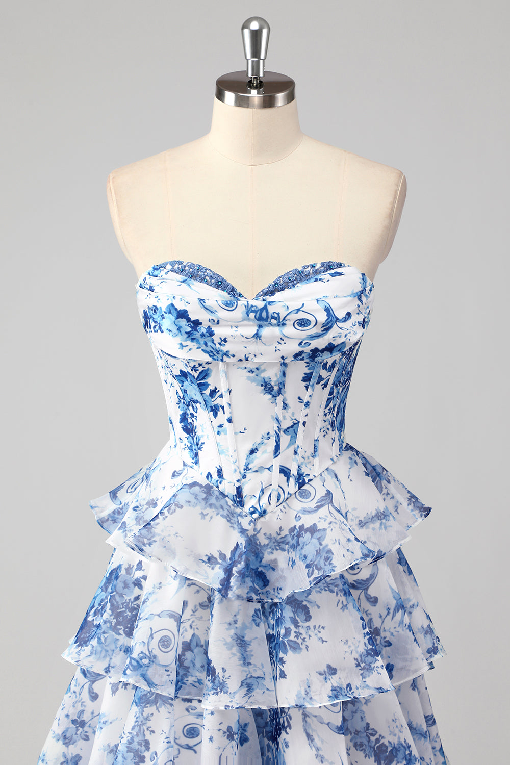 Sweetheart Sleeveless Floral Tiered Ruffle Chiffon A-Line Prom Dress Side Slit Floor Length