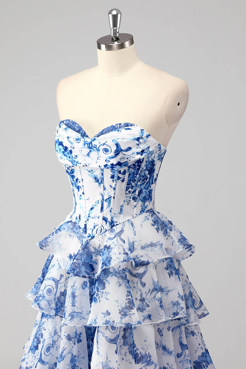 Sweetheart Sleeveless Floral Tiered Ruffle Chiffon A-Line Prom Dress Side Slit Floor Length