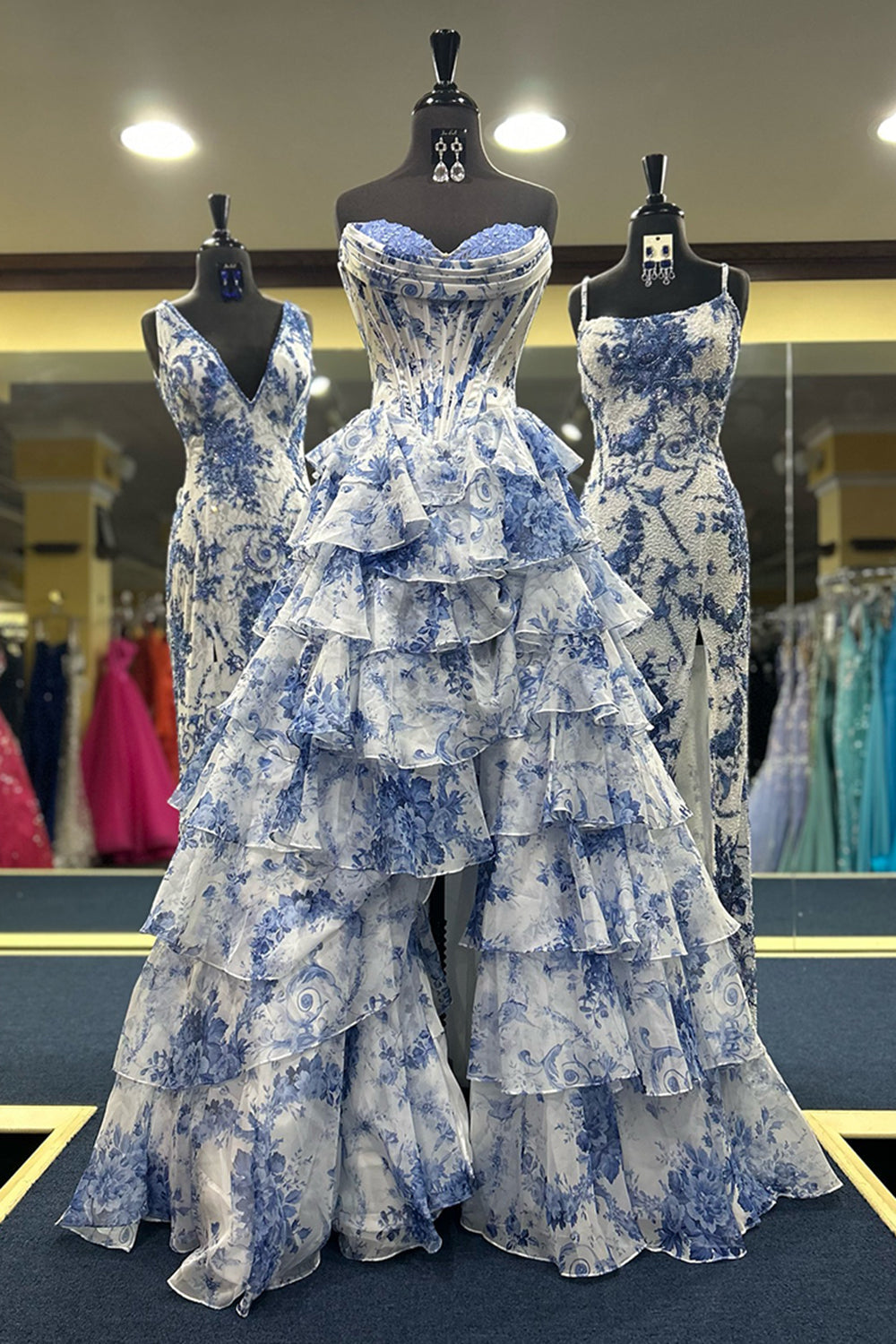 Sweetheart Sleeveless Floral Tiered Ruffle Chiffon A-Line Prom Dress Side Slit Floor Length
