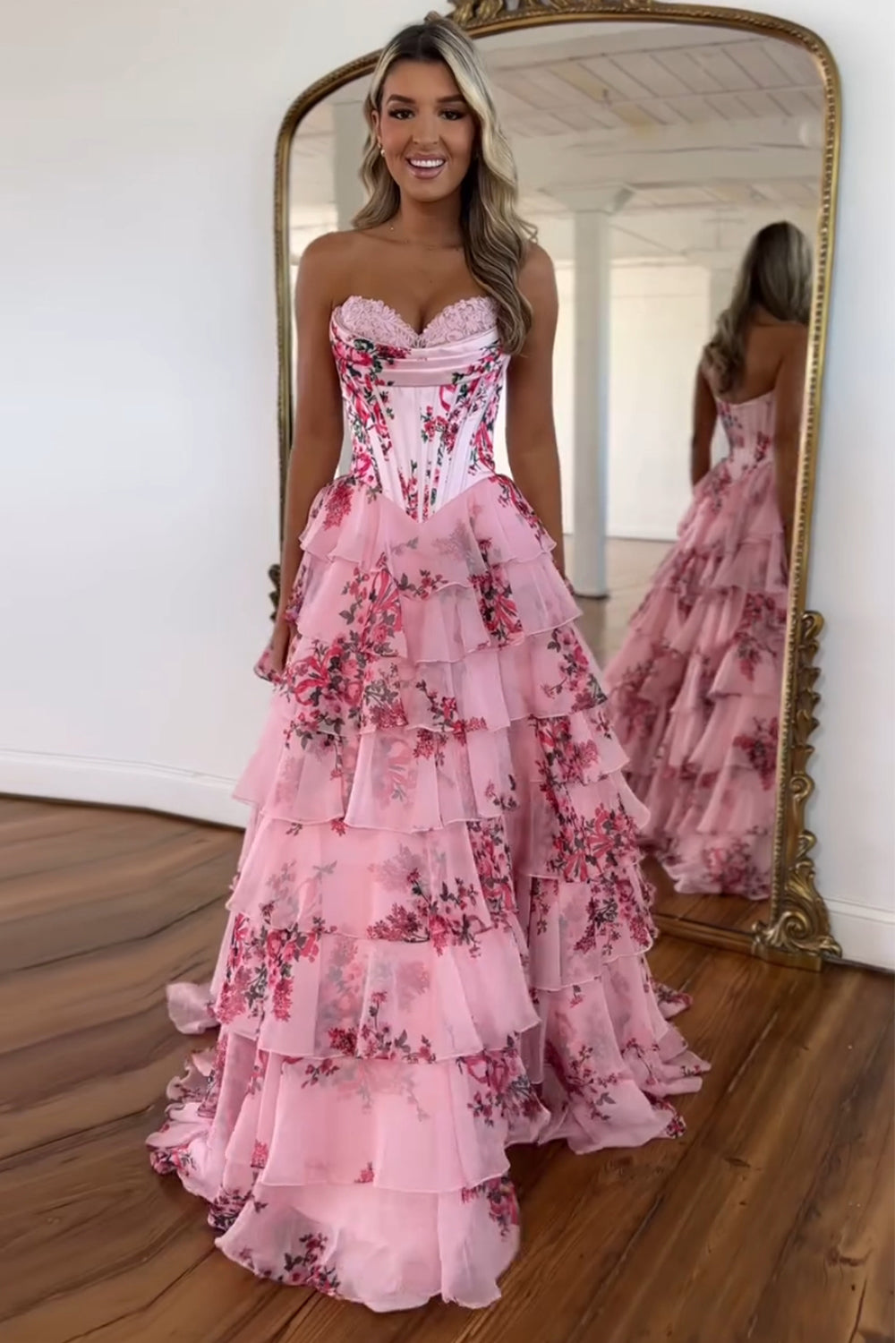 Sweetheart Sleeveless Floral Tiered Ruffle Chiffon A-Line Prom Dress Side Slit Floor Length