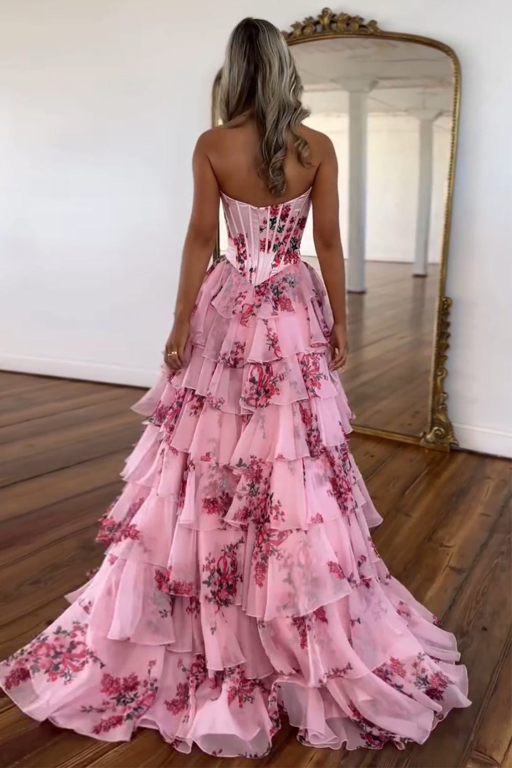 Sweetheart Sleeveless Floral Tiered Ruffle Chiffon A-Line Prom Dress Side Slit Floor Length