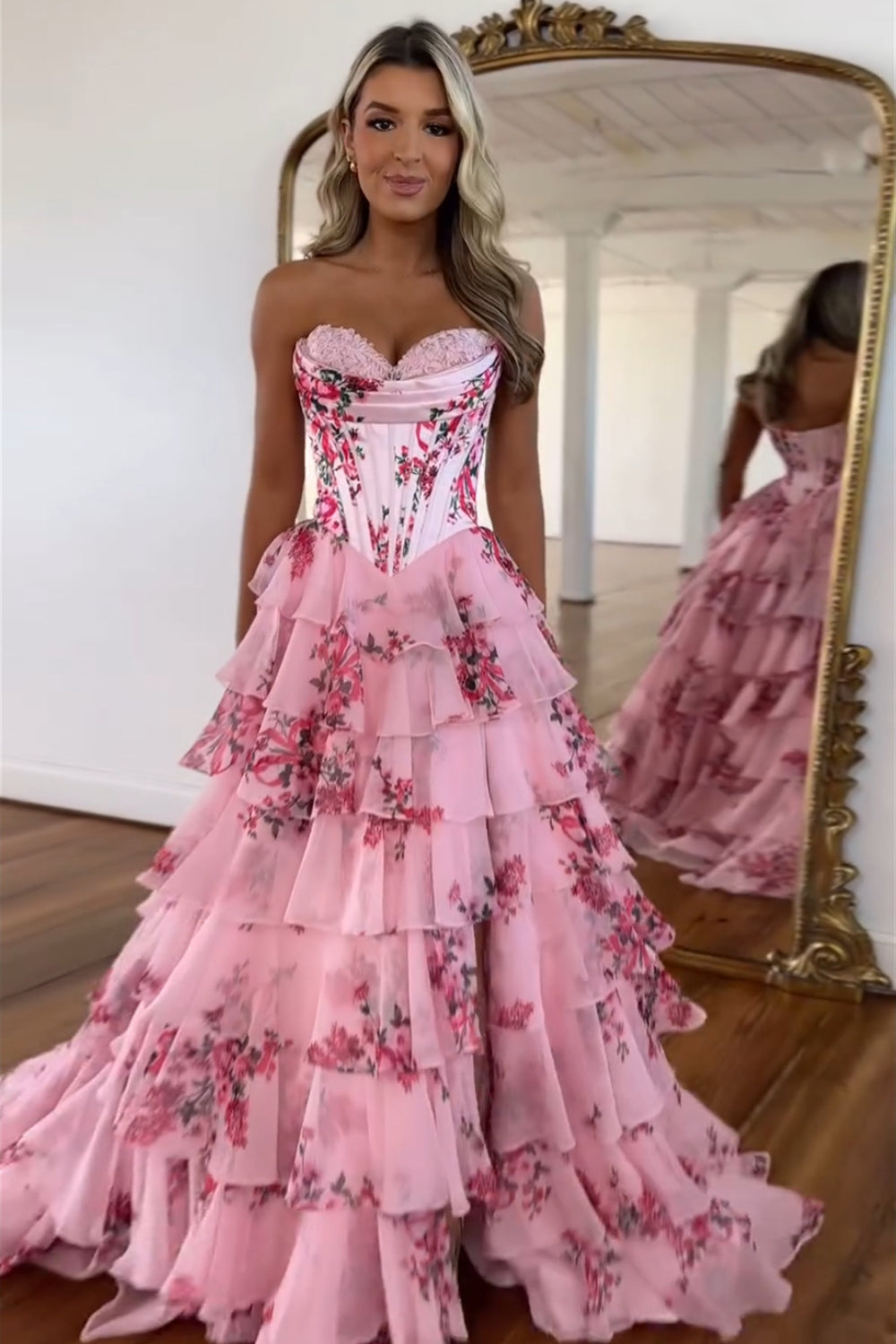 Sweetheart Sleeveless Floral Tiered Ruffle Chiffon A-Line Prom Dress Side Slit Floor Length