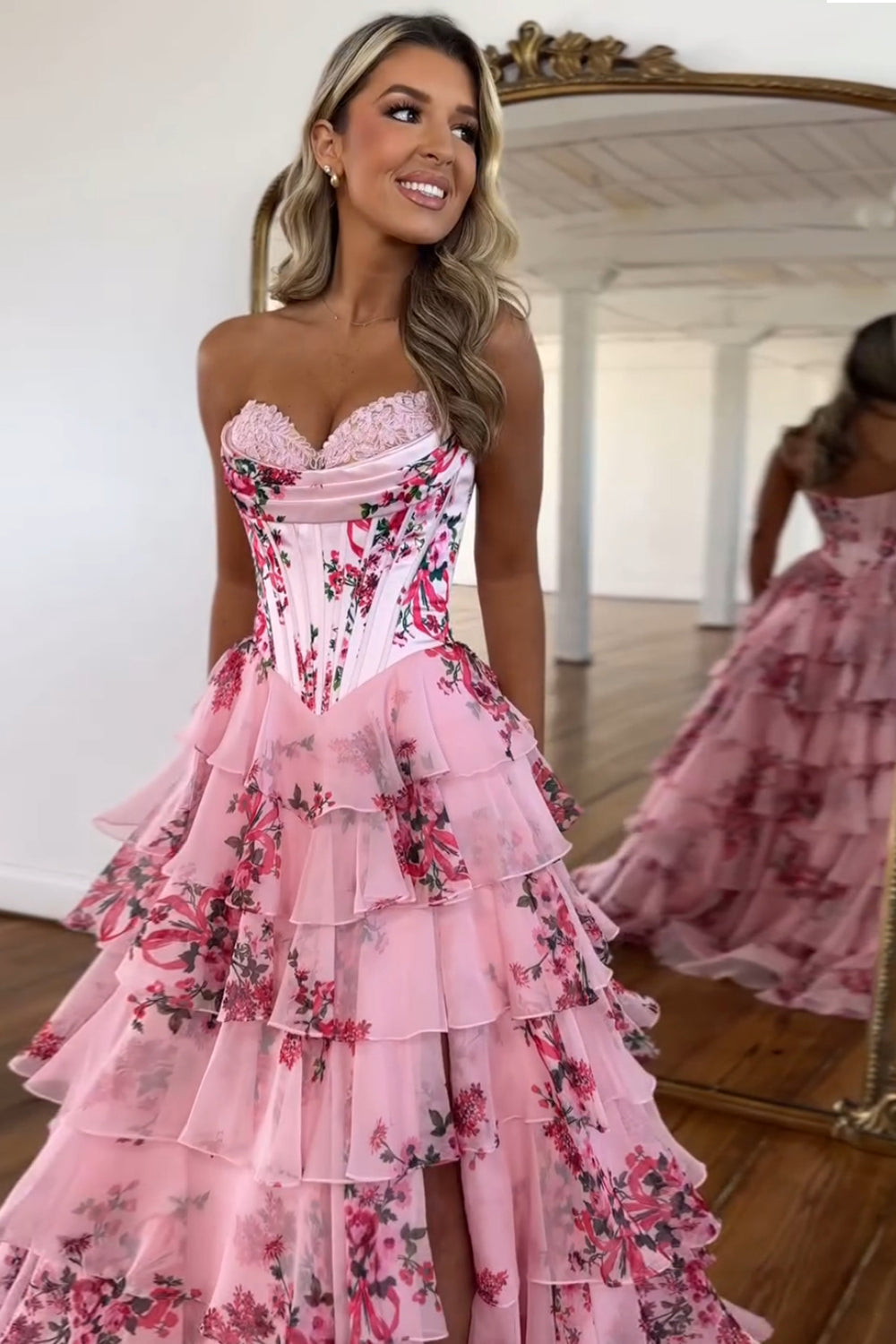 Sweetheart Sleeveless Floral Tiered Ruffle Chiffon A-Line Prom Dress Side Slit Floor Length