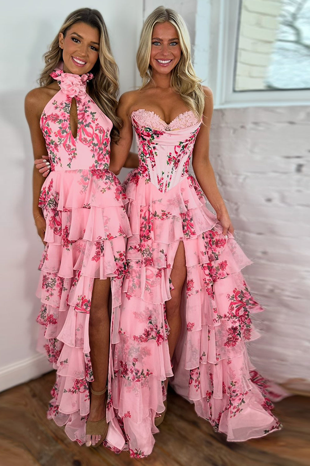 Sweetheart Sleeveless Floral Tiered Ruffle Chiffon A-Line Prom Dress Side Slit Floor Length