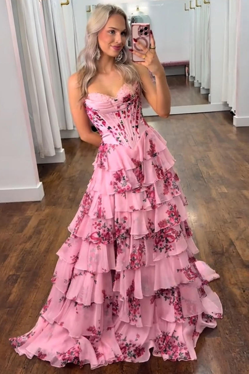 Sweetheart Sleeveless Floral Tiered Ruffle Chiffon A-Line Prom Dress Side Slit Floor Length