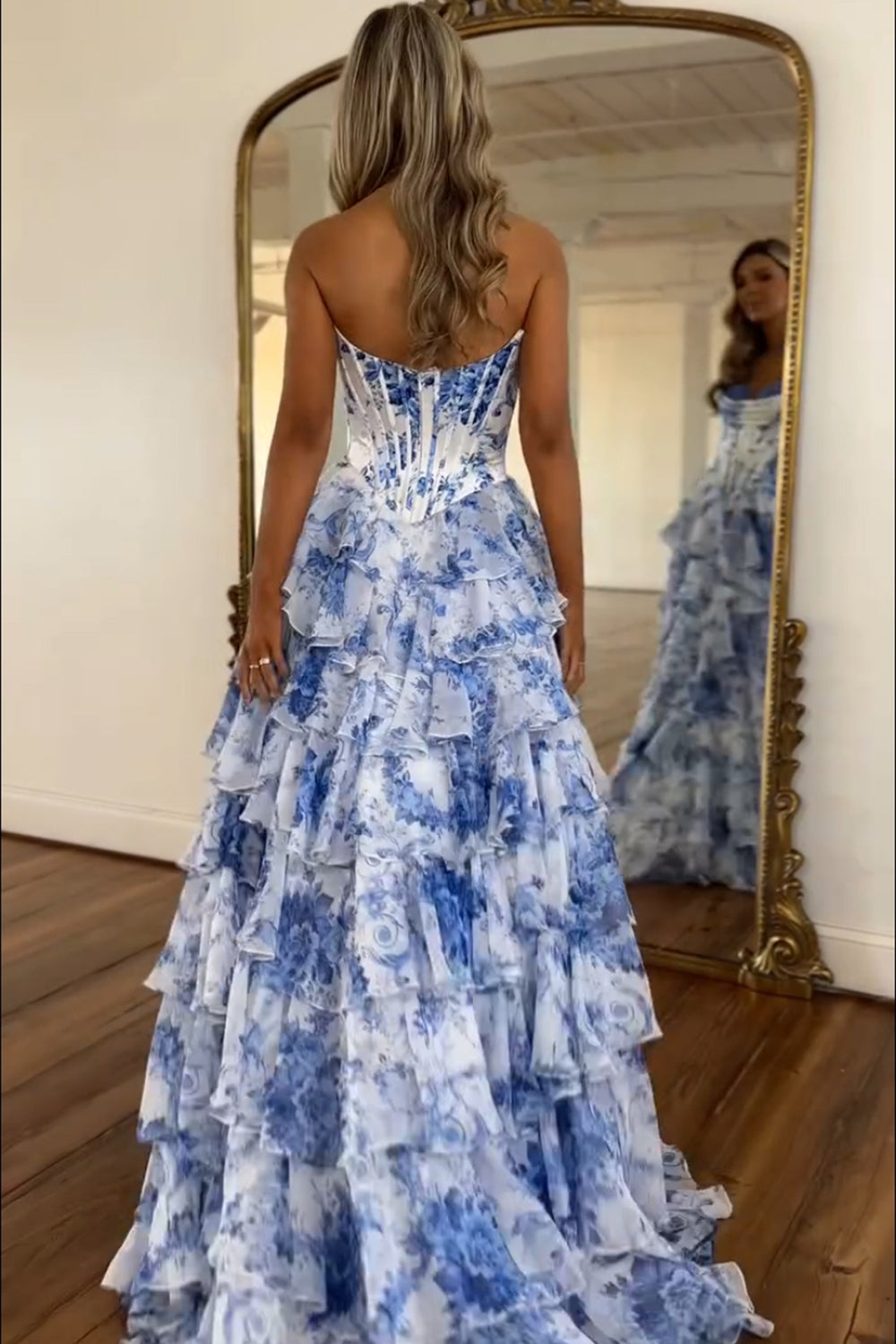 Sweetheart Sleeveless Floral Tiered Ruffle Chiffon A-Line Prom Dress Side Slit Floor Length