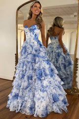 Sweetheart Sleeveless Floral Tiered Ruffle Chiffon A-Line Prom Dress Side Slit Floor Length