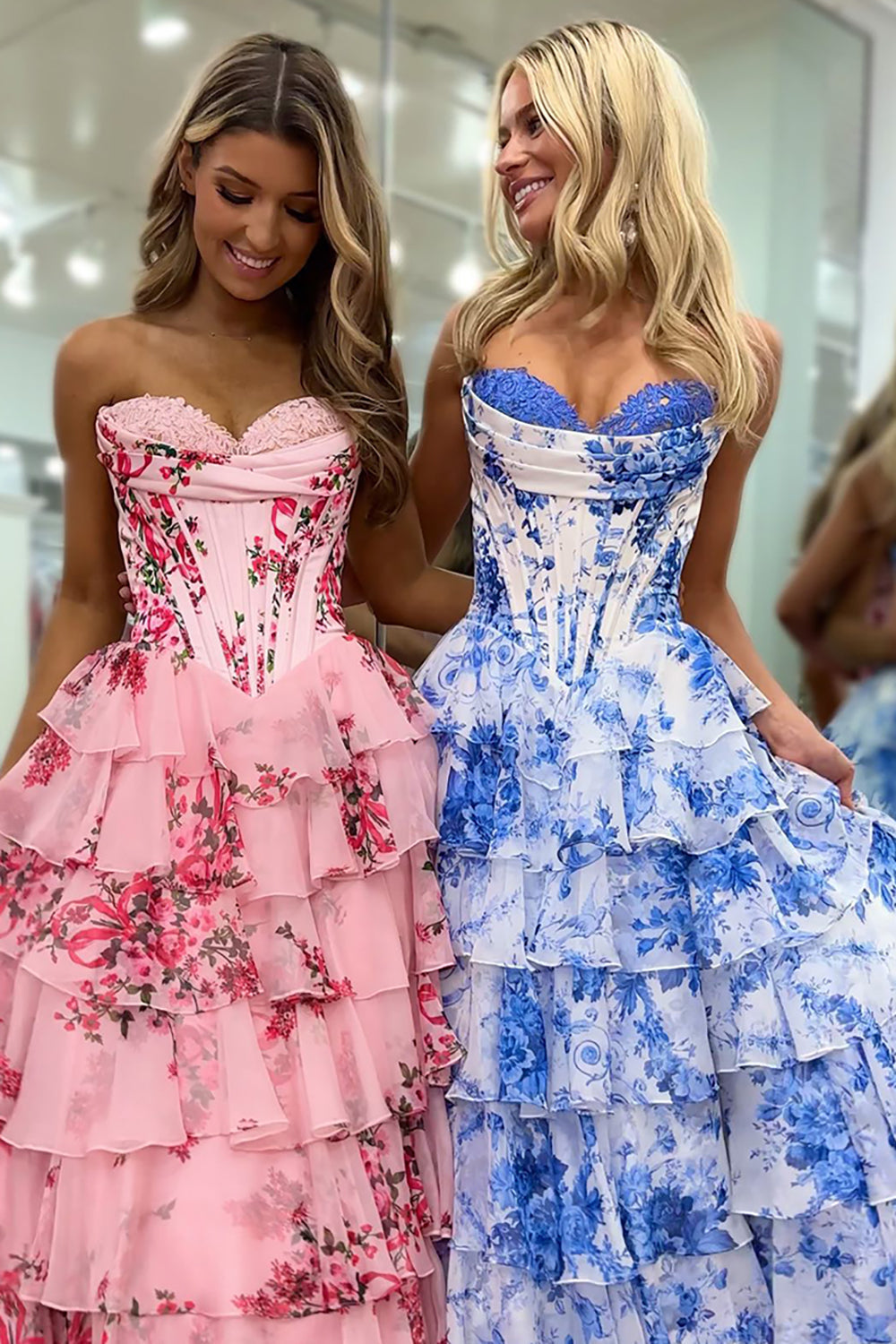 Sweetheart Sleeveless Floral Tiered Ruffle Chiffon A-Line Prom Dress Side Slit Floor Length