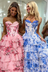 Sweetheart Sleeveless Floral Tiered Ruffle Chiffon A-Line Prom Dress Side Slit Floor Length